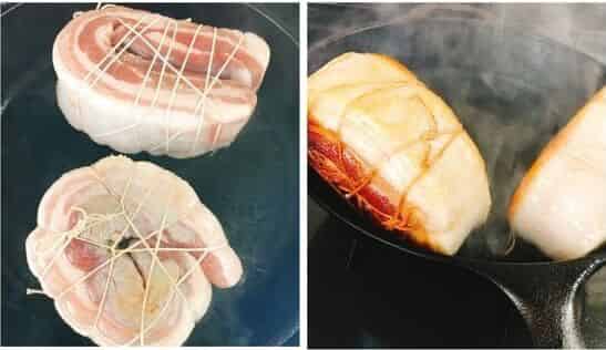 豚肉の全面に焼き色をつけます