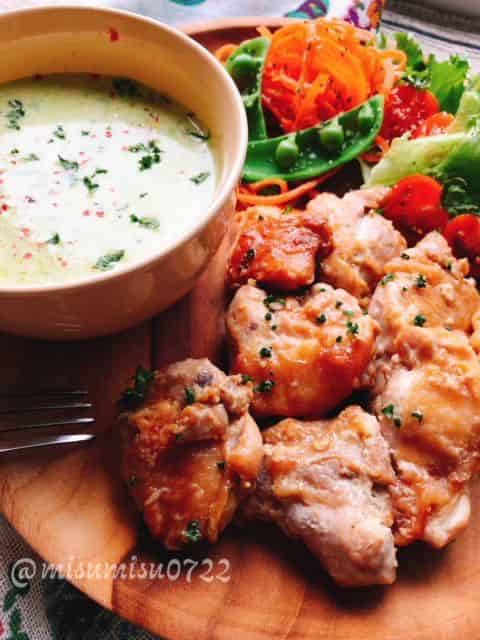 彩り野菜とマヨチキン、野菜ポタージュ